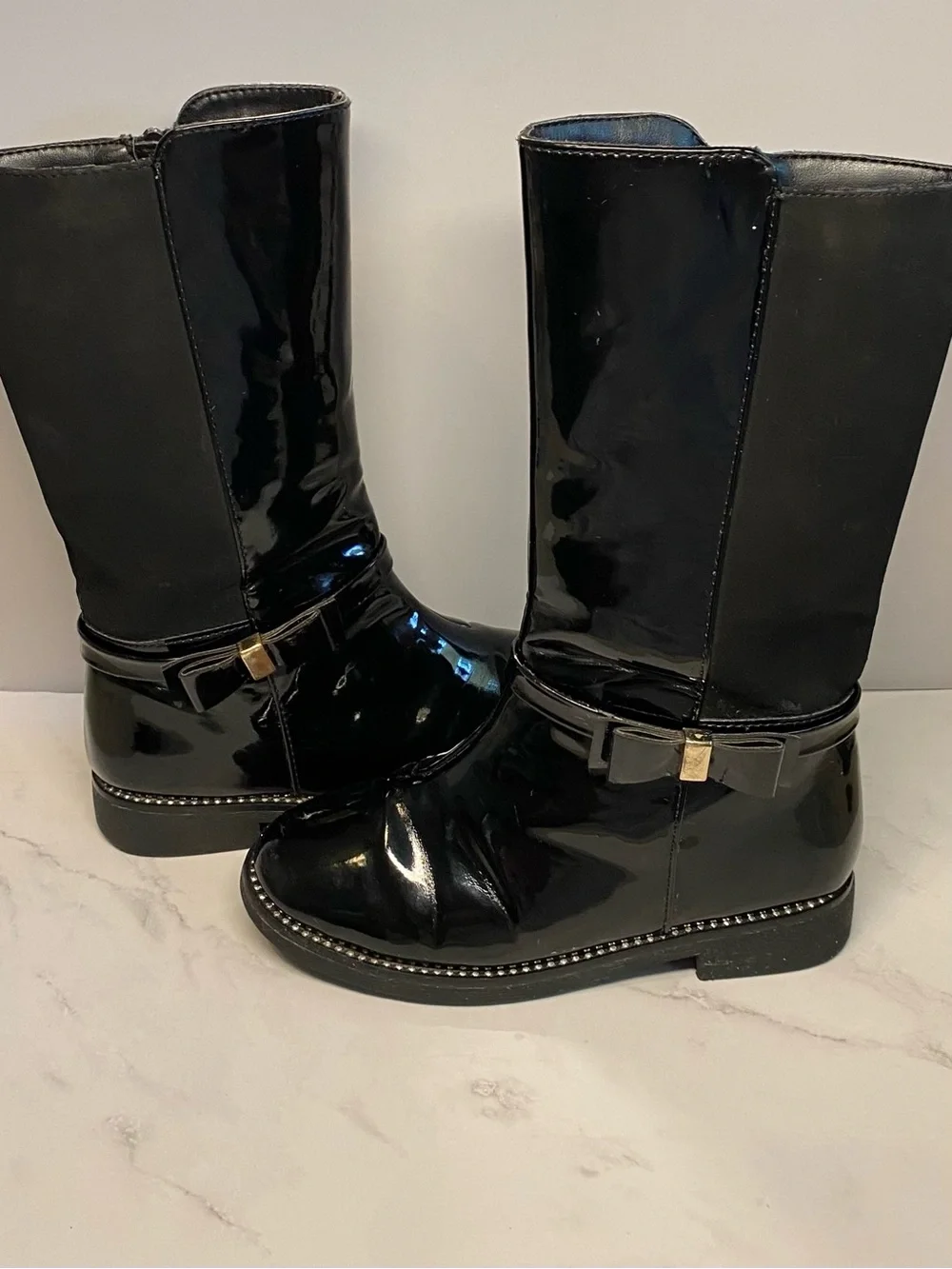 Place Black Patent Jeweled Tall Boots With Side Bow Size 10